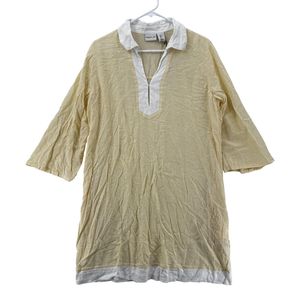 Rachel Zoe Shirt Womens Large Yellow Linen Blend Tunic‎ Split Neck 3/4 Sleeve